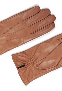 Gants en cuir marron au toucher lisse, dotés de trois lignes de couture décoratives au dos et d'un détail froncé au poignet.