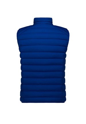 Chaleco puffer sin mangas acolchado azul con cuello alto, mostrado desde atrás sobre un fondo blanco liso.