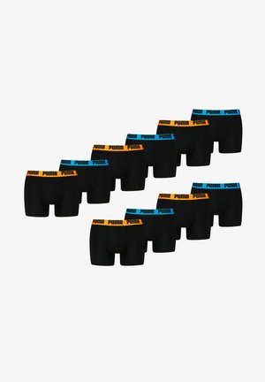 Schwarze Boxershorts mit elastischen Bund in Orange und Blau, mit dem "PUMA"-Logo. In Reihen zur besseren Sichtbarkeit angeordnet.