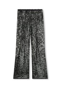 Zwarte wijde broek van glanzende zilveren pailletten met een elastische tailleband, plat gelegd op een witte achtergrond.