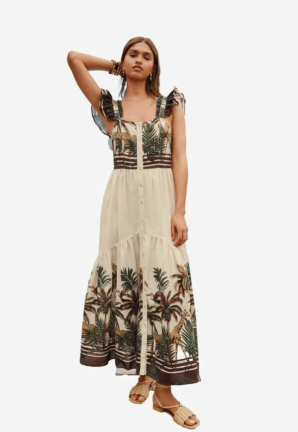 TALL FIT - FLUTTER SLEEVE TIE BACK TIERED BOHO  - Maxikleid - ecru cream palm print