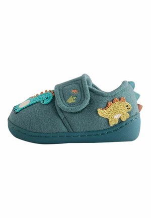 Zapato azul para niño pequeño con aplicaciones de dinosaurios y una correa de velcro para un ajuste fácil y seguro.