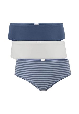 Trois culottes empilées verticalement, en bleu foncé uni, blanc uni et bleu avec des rayures horizontales grises.