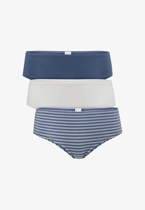 Three women's briefs stacked vertically, in solid dark blue, solid white, and blue with gray horizontal stripes.
