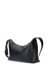 Schwarze Leder-Umhängetasche mit gesteppter Diamantmusterung, Reißverschluss und verstellbarem Riemen. Verfügt über eine dekorative Quaste am Reißverschluss.