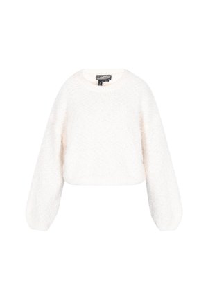 Un pulover alb pufos, tricotat, cu mâneci lungi tip balon și decolteu rotund, expus pe un fundal alb.