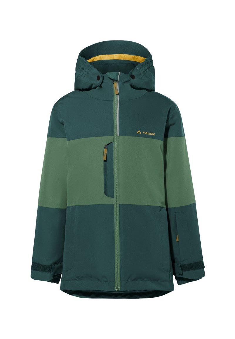Giacca color block in verde e verde scuro con tasca sul petto con zip, cappuccio regolabile e polsini in Velcro; presenta un logo sul petto.