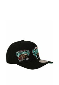 Schwarze Baseballkappe mit gesticktem Vancouver Grizzlies-Logo in Türkis, Braun und Rot, mit gebogenem Schild und verstellbarem Riemen.