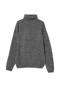 Maglione grigio lavorato a maglia con collo alto, tessuto morbido e polsini a coste. Presenta una vestibilità ampia e un leggero motivo melangiato in tutto il capo.