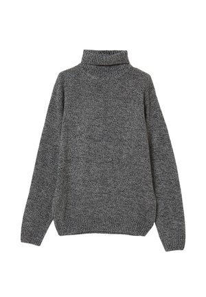 Maglione grigio lavorato a maglia con collo alto, tessuto morbido e polsini a coste. Presenta una vestibilità ampia e un leggero motivo melangiato in tutto il capo.