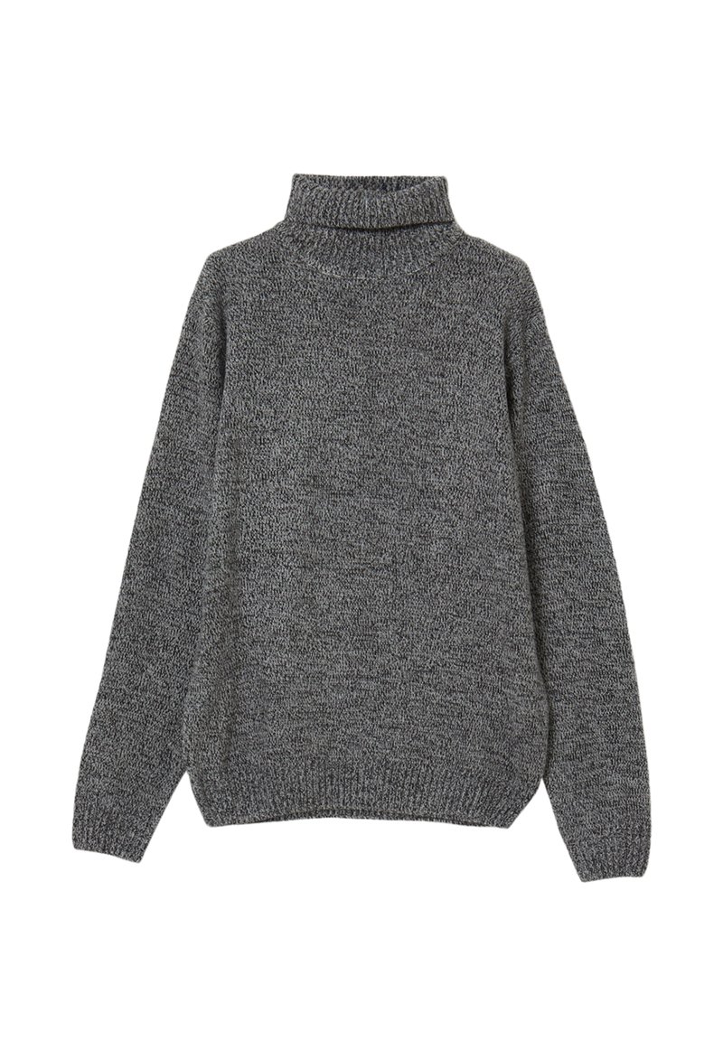 Maglione grigio lavorato a maglia con collo alto, tessuto morbido e polsini a coste. Presenta una vestibilità ampia e un leggero motivo melangiato in tutto il capo.