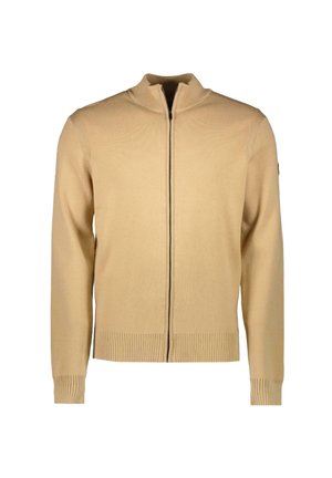 Beige ritsvest gemaakt van een gladde brei stof. Heeft ribgebreide cuffs en een onderzoom, met een staande kraag en een centrale ritssluiting.