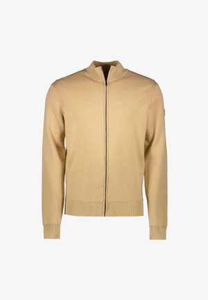 Beige ritsvest gemaakt van een gladde brei stof. Heeft ribgebreide cuffs en een onderzoom, met een staande kraag en een centrale ritssluiting.