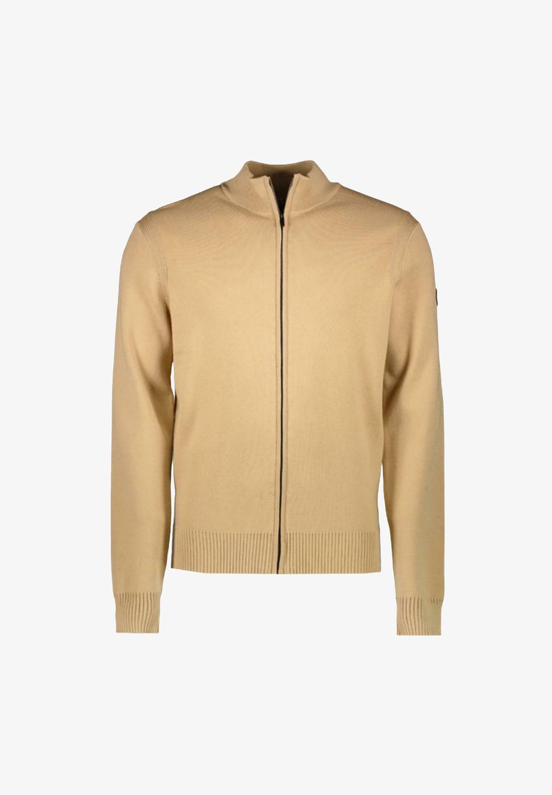 Beige ritsvest gemaakt van een gladde brei stof. Heeft ribgebreide cuffs en een onderzoom, met een staande kraag en een centrale ritssluiting.