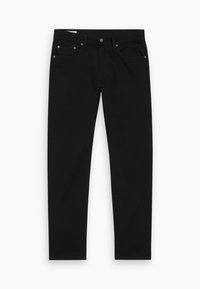 Jean noir à coupe droite avec cinq poches, passants de ceinture et fermeture à bouton, posé à plat sur fond blanc.