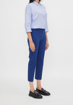 Person iført blå korte bukser, en hvid skjorte med lodrette blå striber og sorte loafers, stående mod en ensfarvet baggrund.