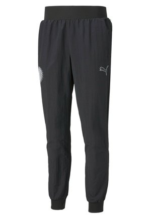 Schwarze Sporthose mit elastischem Bund, gerippten Bündchen und weißem, gesticktem Logo. Leichtes, glattes Material mit Seitentaschen.