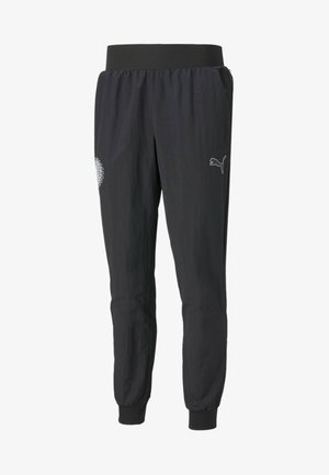 Schwarze Sporthose mit elastischem Bund, gerippten Bündchen und weißem, gesticktem Logo. Leichtes, glattes Material mit Seitentaschen.