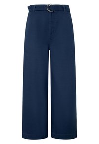 Marineblauwe wijde broek gemaakt van katoen, met een riem met een zilveren ring, voorkruiszakken en een rechte silhoët.
