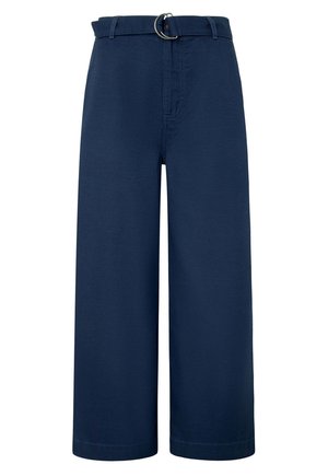Marineblauwe wijde broek gemaakt van katoen, met een riem met een zilveren ring, voorkruiszakken en een rechte silhoët.