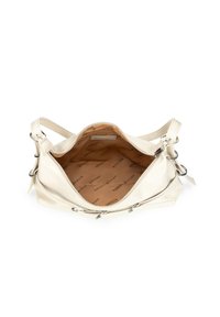 Borsa bianca con un esterno in pelle liscia, hardware in argento e un ampio interno foderato in tessuto beige con un motivo logo.