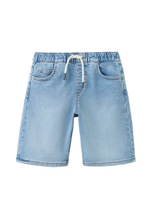 Hellblaue Denim-Shorts mit elastischem Bund und weißem Kordelzug, mit Fronttaschen und lockerer Passform.