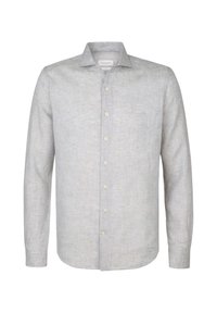 Camicia di lino grigia chiara con colletto a punta, maniche lunghe e chiusura frontale con bottoni. Presenta bottoni bianchi e un motivo leggermente texturizzato.