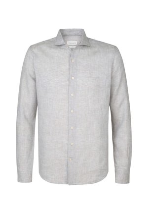 Camicia di lino grigia chiara con colletto a punta, maniche lunghe e chiusura frontale con bottoni. Presenta bottoni bianchi e un motivo leggermente texturizzato.