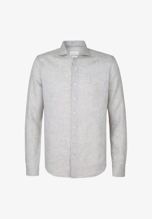 Lys grå linned skjorte med spidse kraver, lange ærmer og knaplukning foran. Har hvide knapper og et subtilt tekstureret mønster.