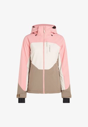 Damen Skijacke mit farbigen Blöcken in Pink, Weiß und Braun, aus weichem Stoff, mit Reißverschluss, verstellbarem Kapuze und Manschetten-Gaitern für mehr Wärme.
