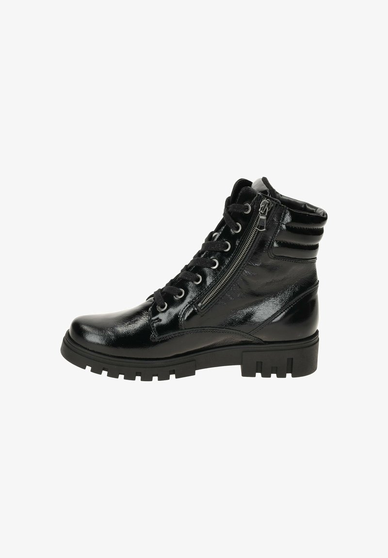 Black leather ankle boots with a glossy finish, lace-up front, side zipper, and textured details on the collar. Rugged rubber sole.