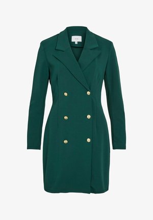 Zielona dwurzędowa marynarka z wyraźnym kołnierzem, długimi rękawami, złotymi guzikami i gładką teksturą materiału. Dopasowany fason.