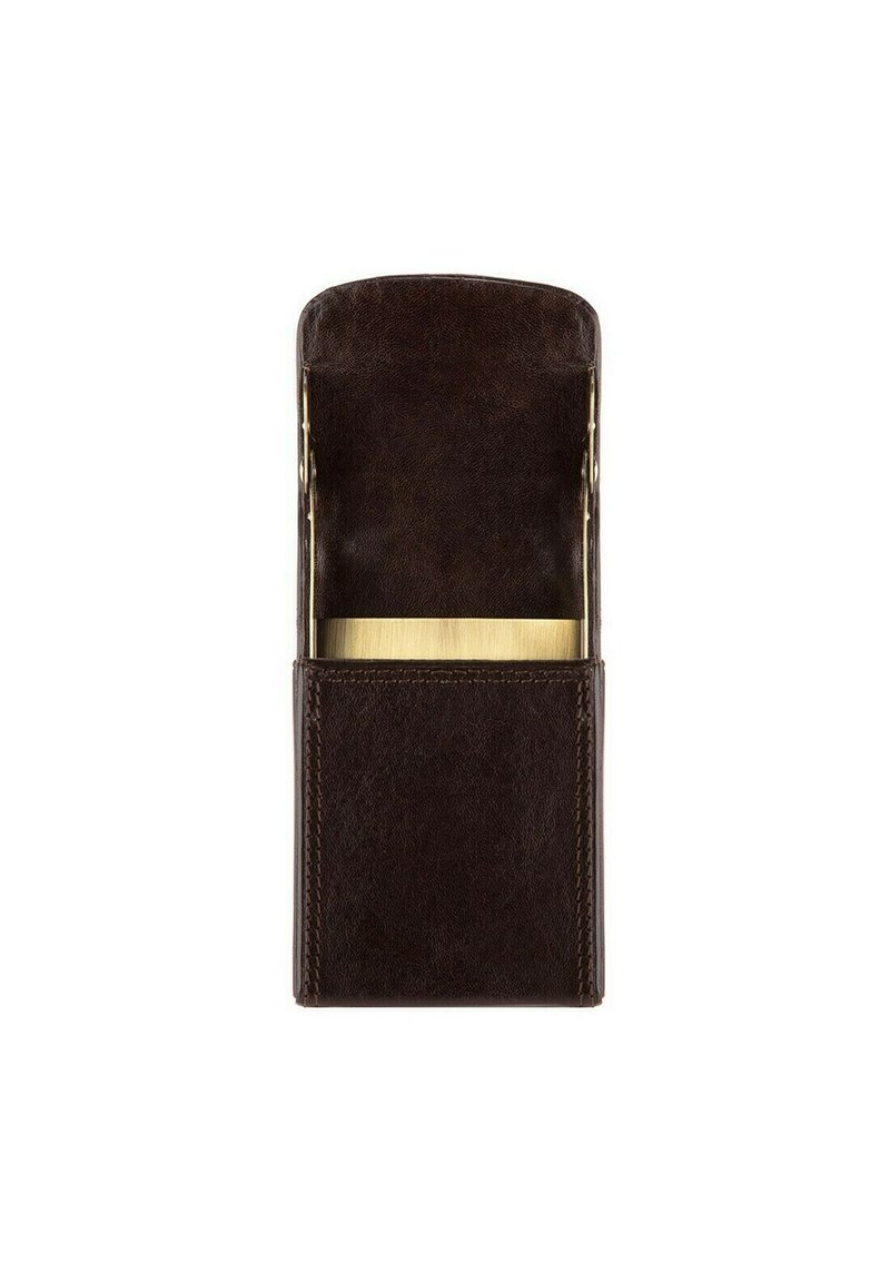 Portafoglio in pelle marrone con una texture liscia, dettagli in metallo dorato all'interno e un design semplice e rettangolare. La vista aperta mostra lo spazio interno.