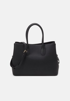 Bolso tote de cuero negro con dos asas y una correa de hombro ajustable, forma rectangular estructurada, diseño minimalista.