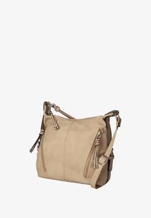 Borsa a tracolla beige realizzata in materiale sintetico testurizzato. Presenta una tracolla regolabile, due tasche con zip e dettagli di cucitura eleganti.