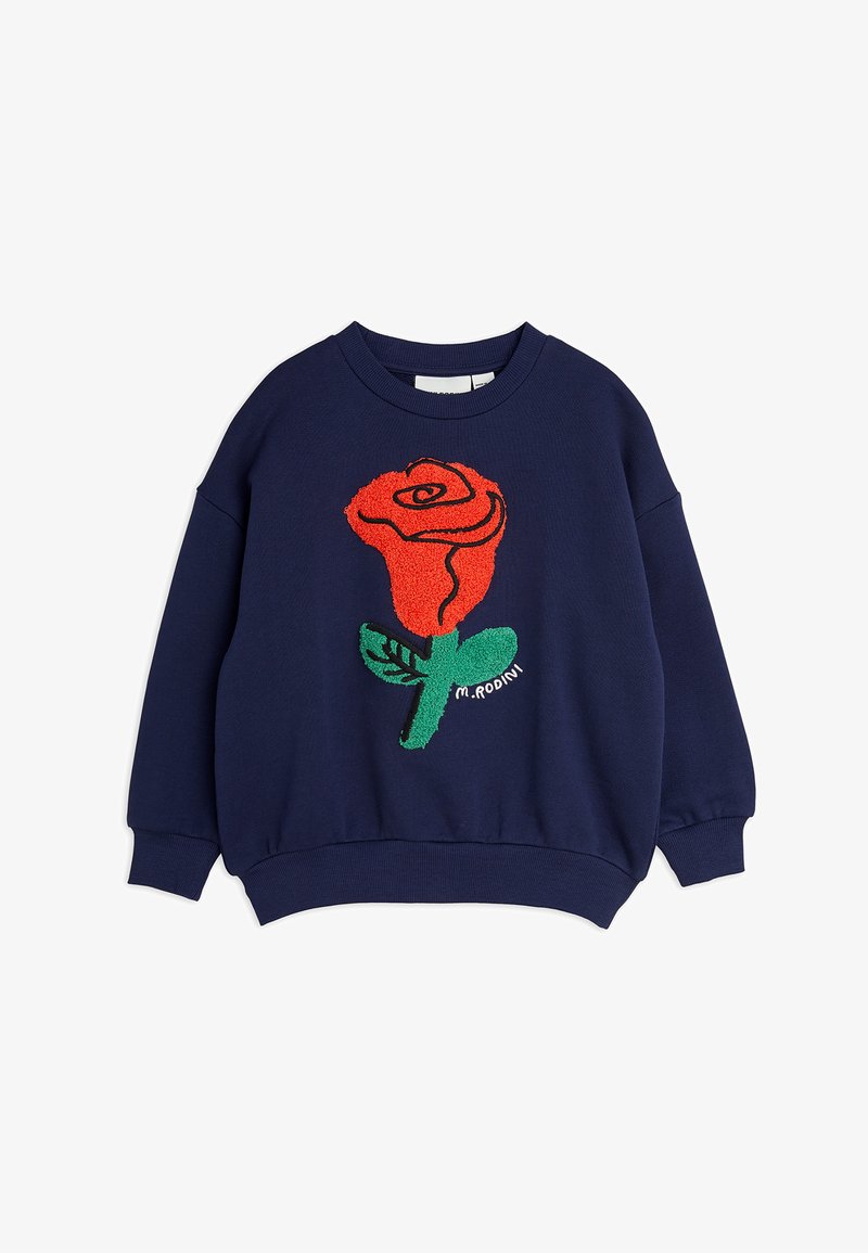 Sweatshirt azul-marinho com uma grande impressão de rosa vermelha com folhas verdes. Feito de um tecido macio com punhos e bainha canelados. Inclui a marca M. Rodini.