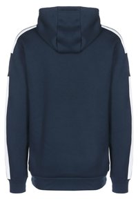 Hoodie bleu marine, tissu doux, doté d'une capuche et de bandes blanches sur les côtés. Design simple, poignets et ourlet côtelés, couleur unie sans motifs visibles.