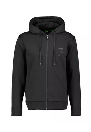 Schwarzer Kapuzenpullover mit Reißverschluss vorne, Vordertaschen, Kordelzugkapuze und dezentem Logo auf der linken Brust.