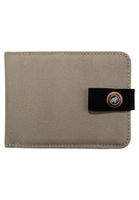 Light brown fabric wallet with a textured finish, featuring a black elastic strap and a circular gray logo with an orange accent.