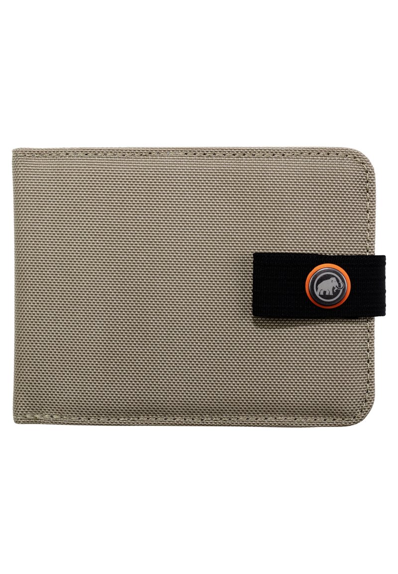 Light brown fabric wallet with a textured finish, featuring a black elastic strap and a circular gray logo with an orange accent.
