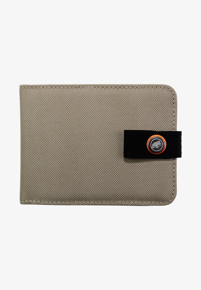 Light brown fabric wallet with a textured finish, featuring a black elastic strap and a circular gray logo with an orange accent.