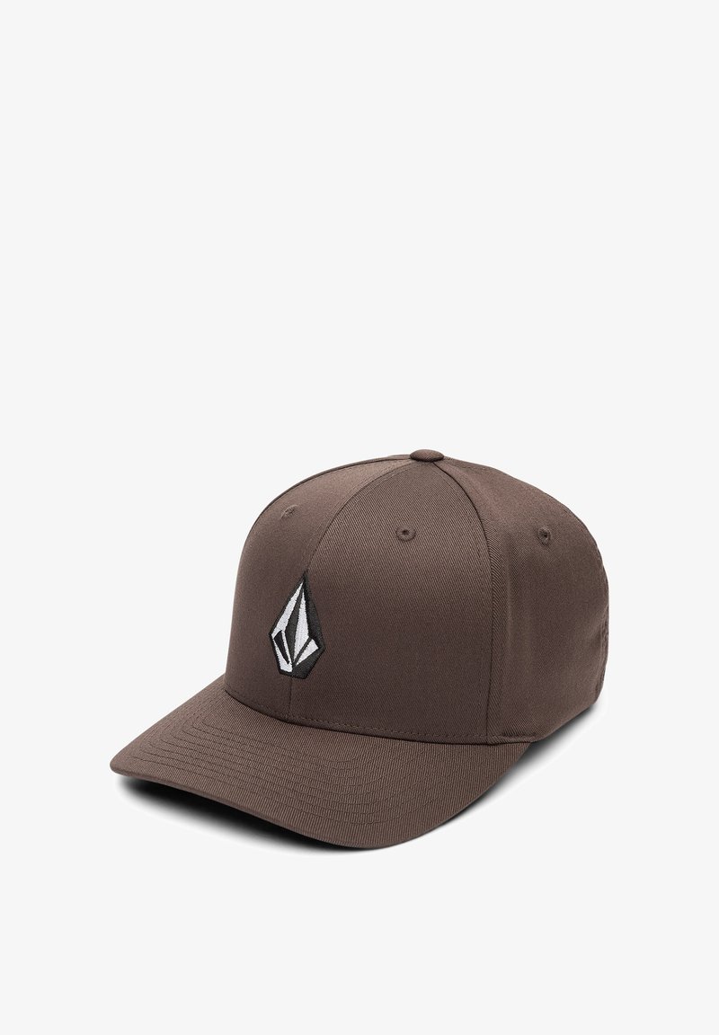 Brown baseball cap with a structured design, featuring a solid exterior and a contrasting white logo emblem on the front.
