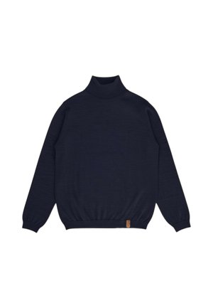 Maglione dolcevita a maniche lunghe blu navy con polsini e orlo a coste, caratterizzato da una piccola targhetta in pelle marrone sulla fascia in vita.