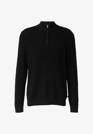 Zwarte, gebreide pullover trui met een hoge kraag en halve rits. Heeft ribgebreide manchetten en onderrand, een textuurstof en een relaxte pasvorm.