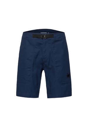 Donkerblauwe herenshorts met een ingebouwde zwarte verstelbare riem en een klein zwart logo op het onderste rechterbeen.