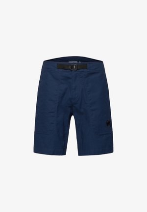 Donkerblauwe herenshorts met een ingebouwde zwarte verstelbare riem en een klein zwart logo op het onderste rechterbeen.