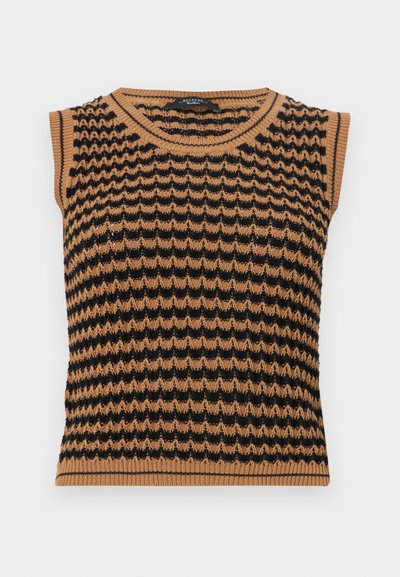 Ärmelloses Strickoberteil mit einem Wellenmuster in Braun und Schwarz, mit geripptem Besatz am Ausschnitt und Saum. Leichtes, strukturiertes Gewebe.