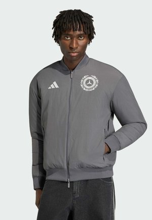 Mężczyzna w szarej kurtce zapinanej na zamek z logo Adidas i Mercedes-Benz, stojący z jedną ręką w kieszeni na jednolitym tle.