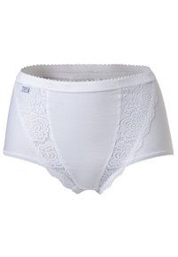 Weiße Baumwoll-Hipster-Unterwäsche mit Spitze an den Seiten, ausgestattet mit einem gewellten Bund und floralem Spitzenmuster.