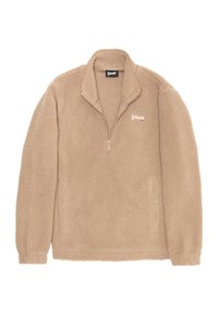 Beżowy pulower z polaru z półzamkiem przy kołnierzu, miękką fakturą i małym logo na piersi. Zaprojektowany dla komfortu i ciepła.